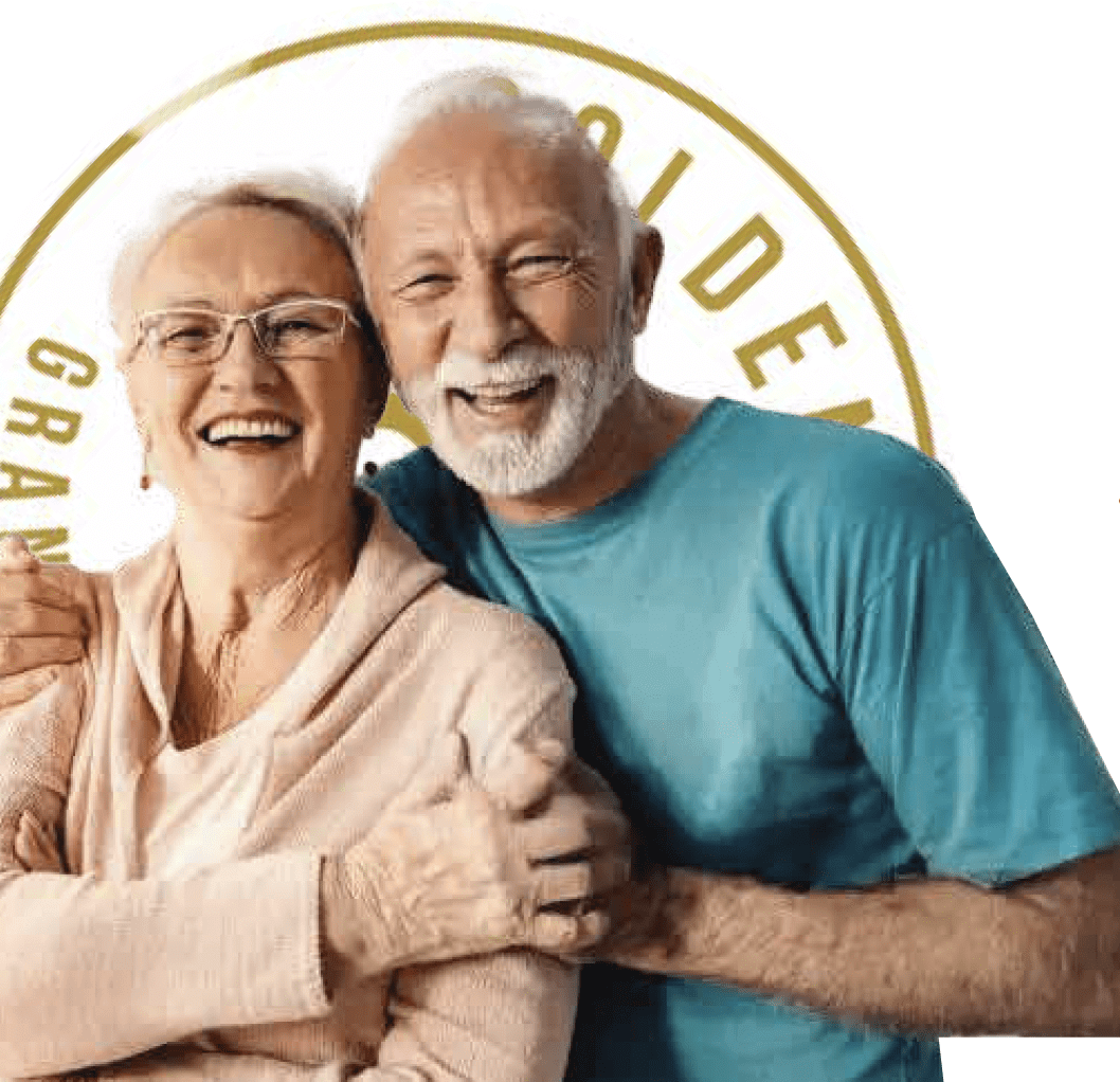 An older couple with white hair and glasses smile and embrace in front of a circular logo with gold letters, showcasing their love for Grandparent-Approved Products. The woman wears a pale pink sweater, while the man sports a blue t-shirt.